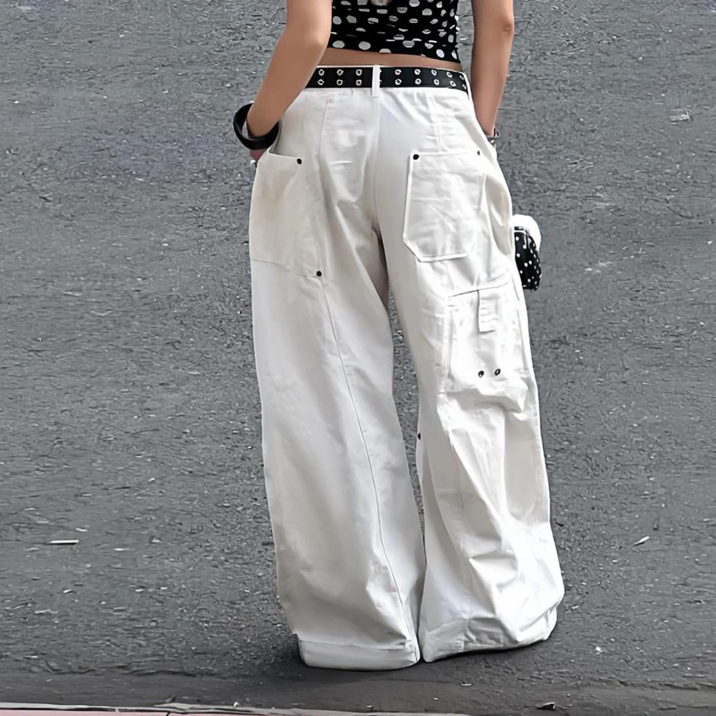 SUCHCUTE  Y2K Streetwear White Wide-Leg Jeans For Women Chic Low Waist Denim Pants All Match Loose Cargo Long Trousers Casual
