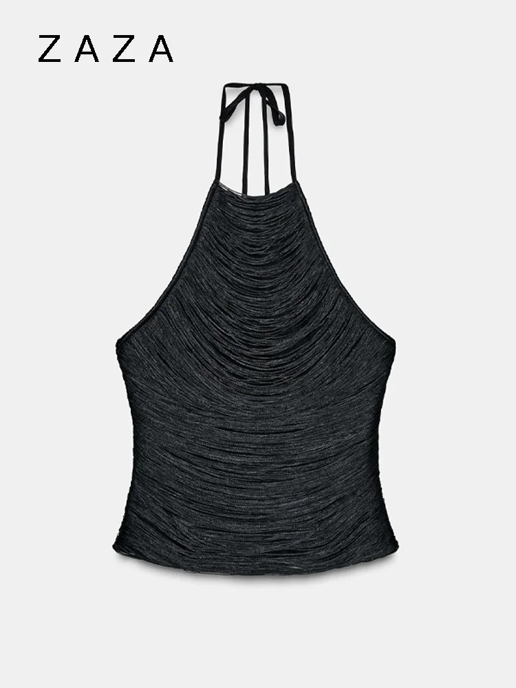 

Zaza Chic Sexy Stripe Halter Top Sleeveless Backless Slim Fit Tank O Neck Solid Zipper Vest 2025 New Lady Party Vacation Tops