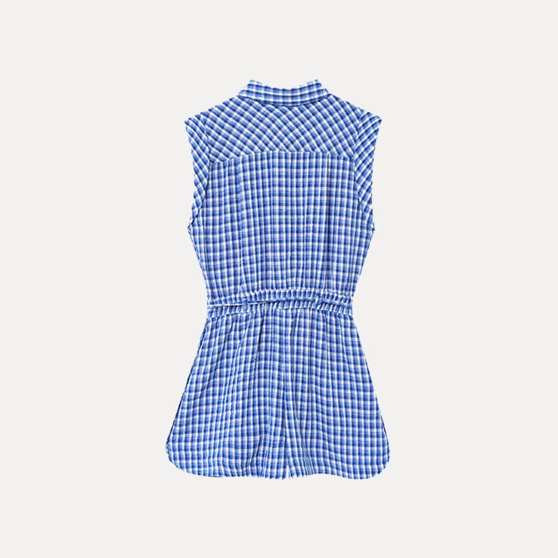 acão curto f xadrez simples sem mangas com gola, primavera 2025, Z estilo urbano, cintura alta, fibra de polié...