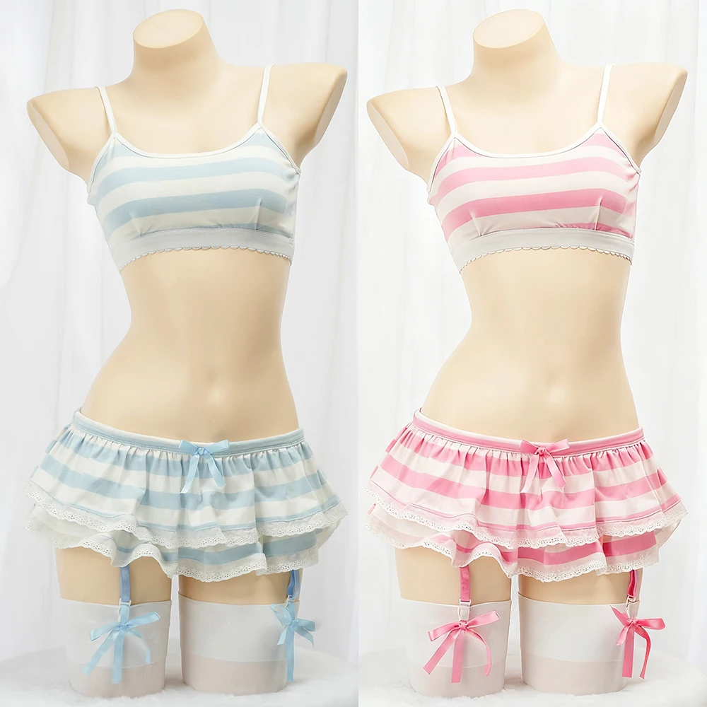 

Сексуальное нижнее белье в стиле аниме, милые синие полосатые топы, трусы, юбка, студенческий косплей, эротический костюм, женский купальник, нижнее белье