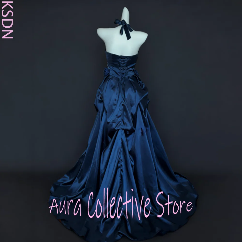 Robe de soirée élégante en Satin bleu marine pour femmes, col licou, sans manches, longueur au sol, robe de bal formelle Simple avec détails froncés