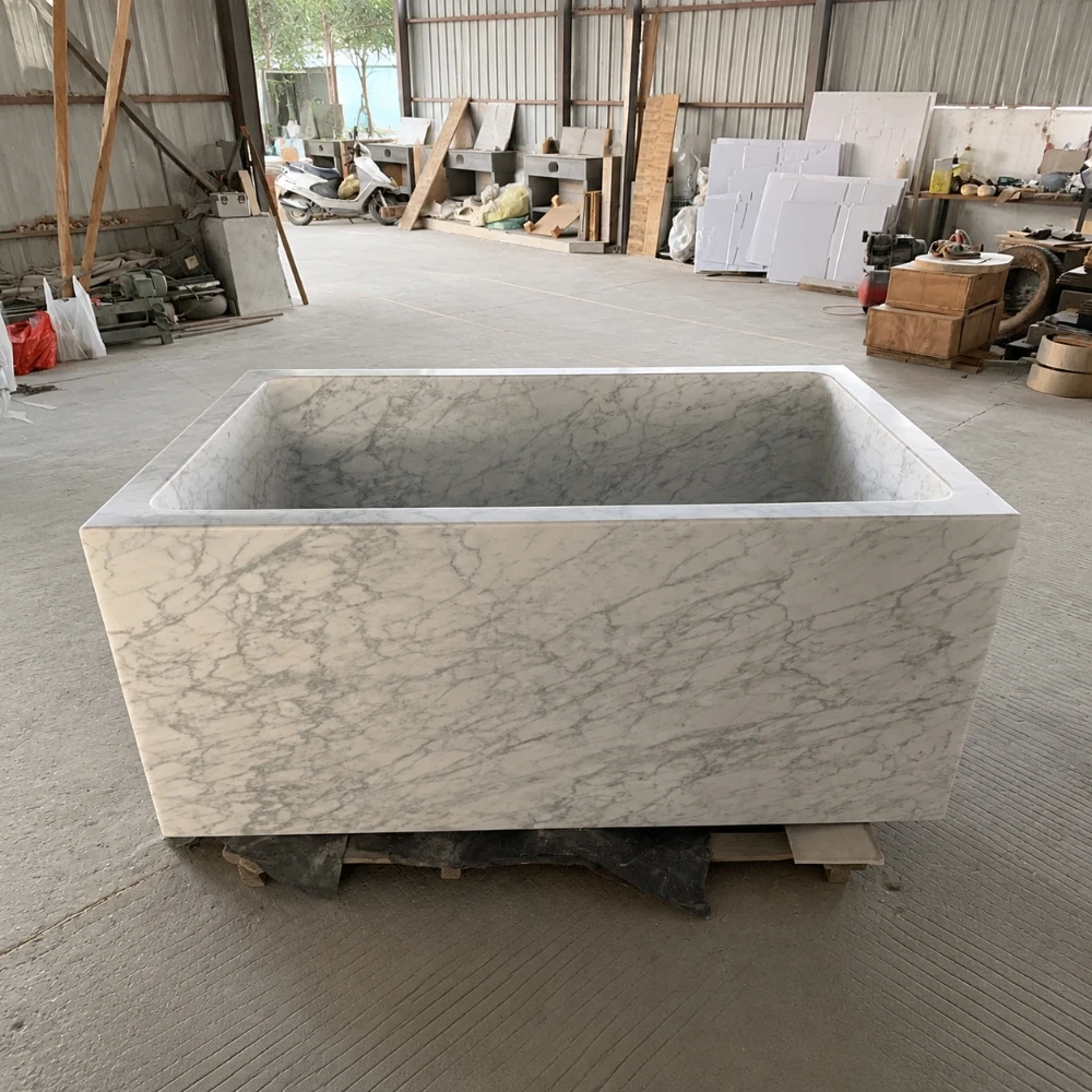 #￥Modern White Carrara Marble Freestanding Bathtub Polished Rectangle Soaking Tub Handmade for Villa Bathroom