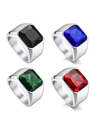 U7 Signet Ring for Men 12mm Square Black Onyx Agate Red Green Blue Gemstone Gunblack Black Plated Stainless Steel Jewerly