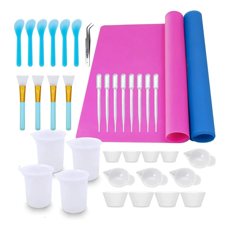 Epoxy Resin Mixing Tools Kit 36Pcs Reusable Soft Silicone Resin Tools Supplies Includes Silicone Mats Measuring Cups