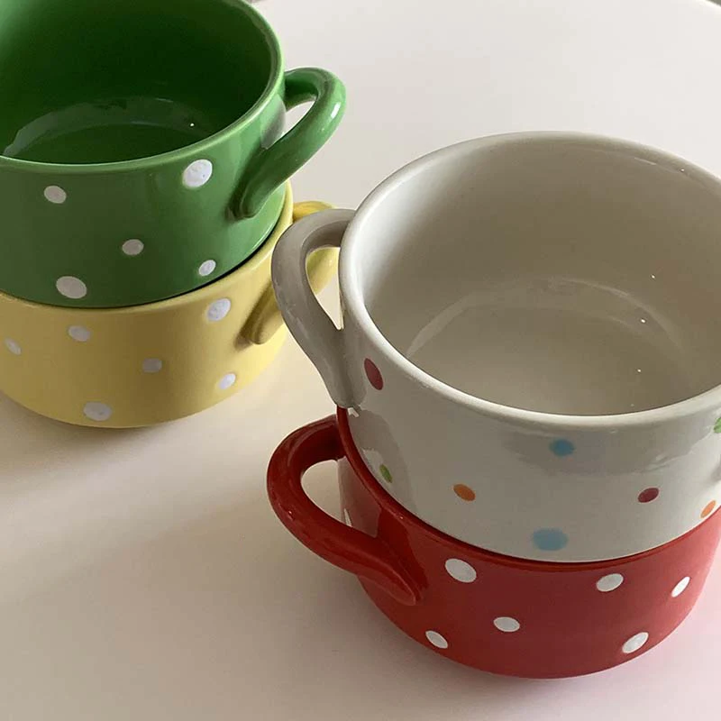 Cute Polk Dot Rice Bowl Portable Double Ear Ceramic Bowls 5Inches Daliy Breakfast Oatmeal Serving Bowl Fruit Salad Bowl Oven
