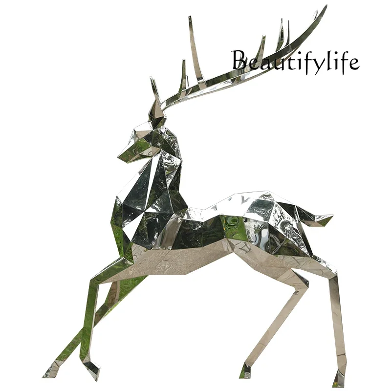 

Stainless steel deer sculpture large square mirror outdoor garden landscape deer handicraft ornament