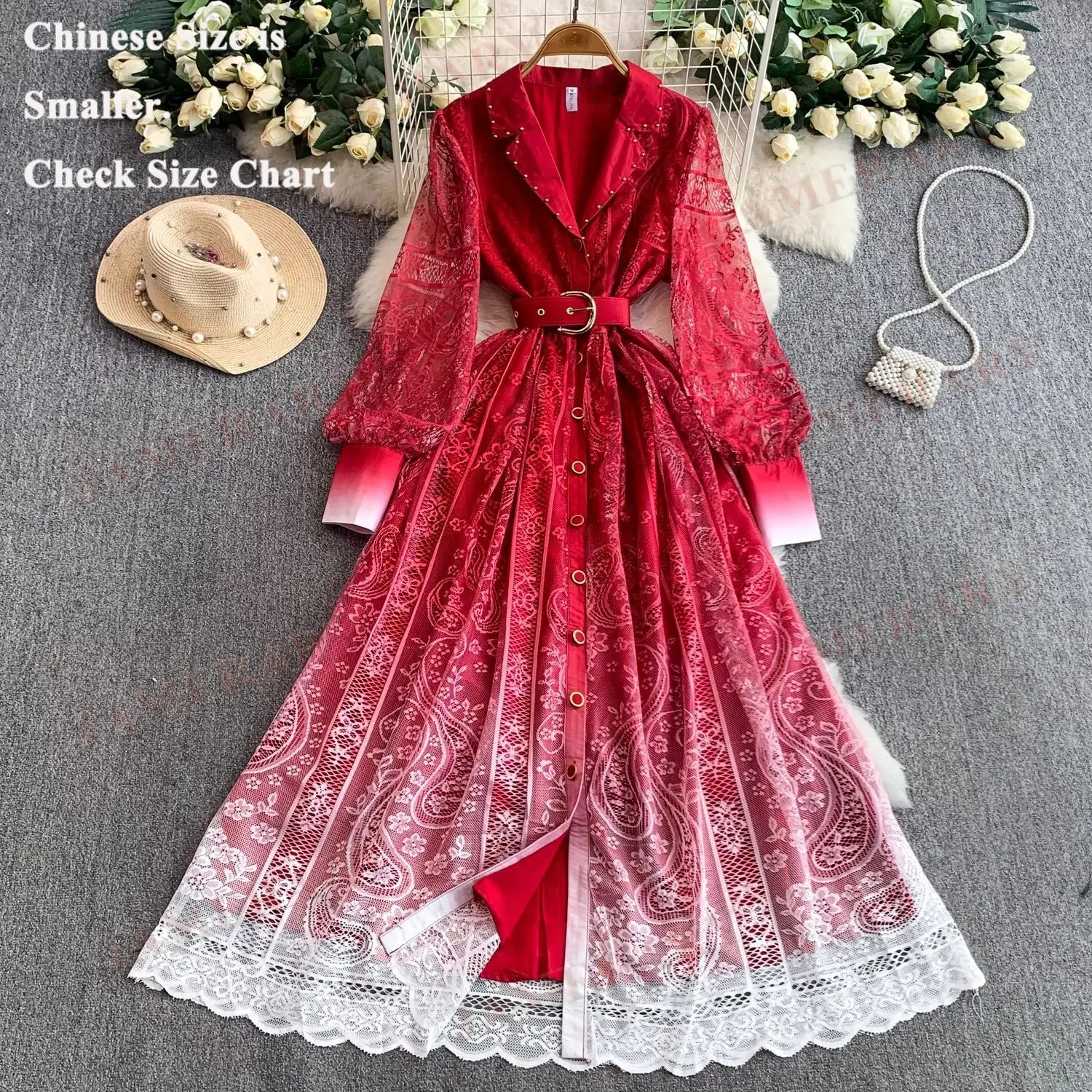 エレガントな秋のロングスリーブ花柄マキシドレスシャツ、女性用、透かし彫り刺繍レースドレス、パーティーブランド