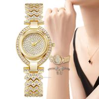 Luxury Brands Women Quartz Watches Full Diamond Encrusted Creative Design Fashion Gold Alloy Stainless Steel Strap Ladies Watch