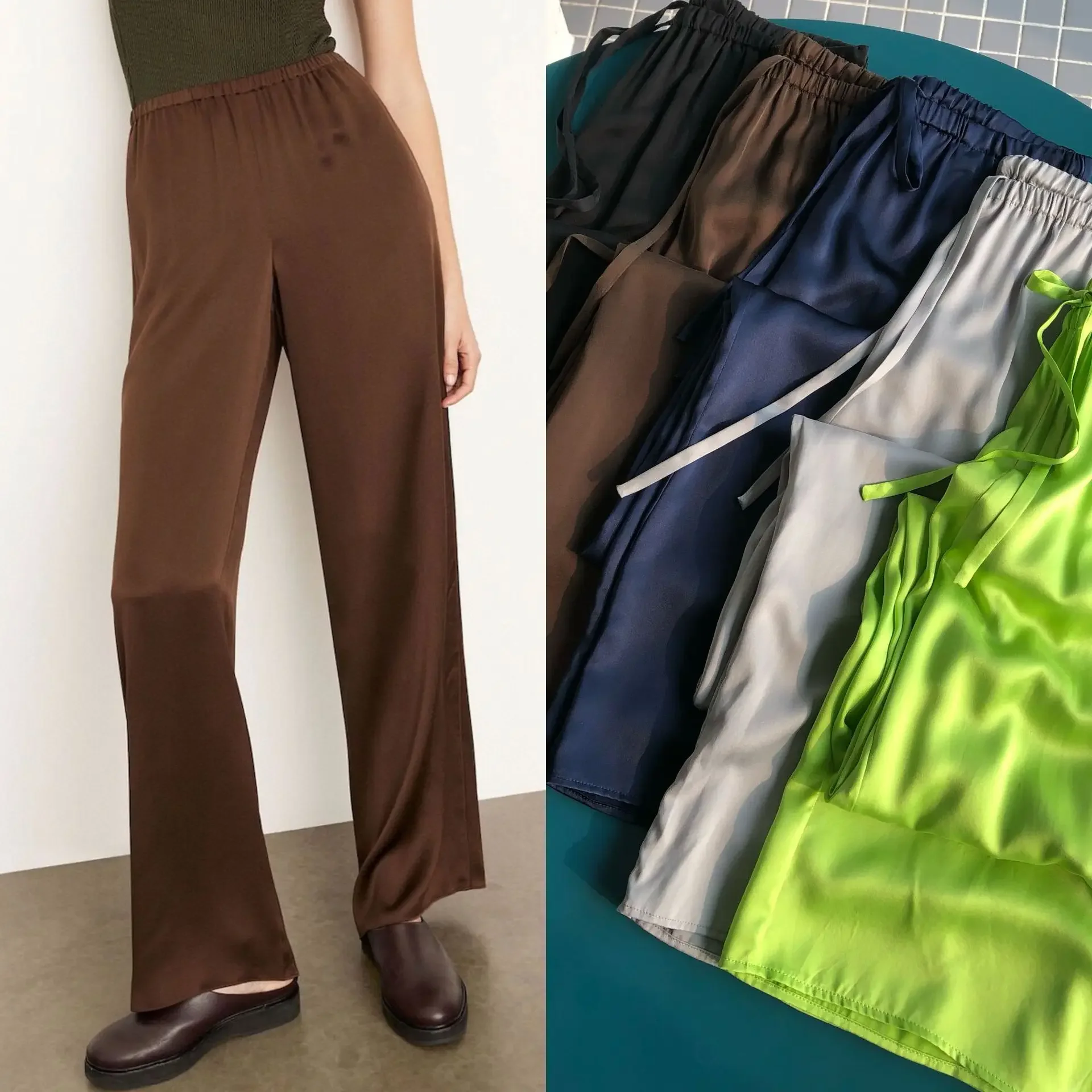 Light Luxury, Small Heavy Weight 19 Mm Sand Wash Silk Elastic Satin Beauty Series Silk Air Pants Straight Casual Pants