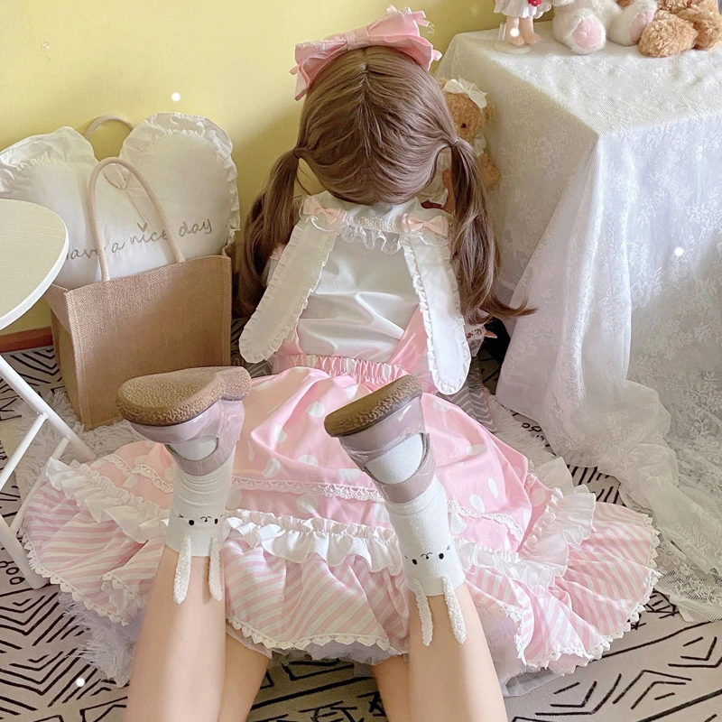 Sweet Jsk Lolita Dress Summer New Japanese Bow Dots Ruffle Baby Doll Spaghetti Strap Dresses Women Fashion Kawaii Cute Clothing