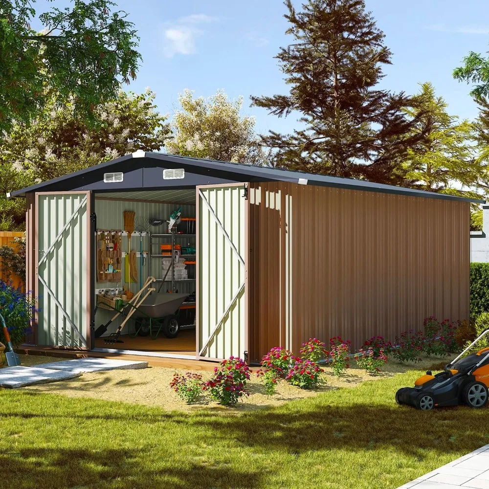 10x12 FT Outdoor Storage Shed, Steel Utility Tool Shed Storage House with Door & Lock, Sheds & Storages