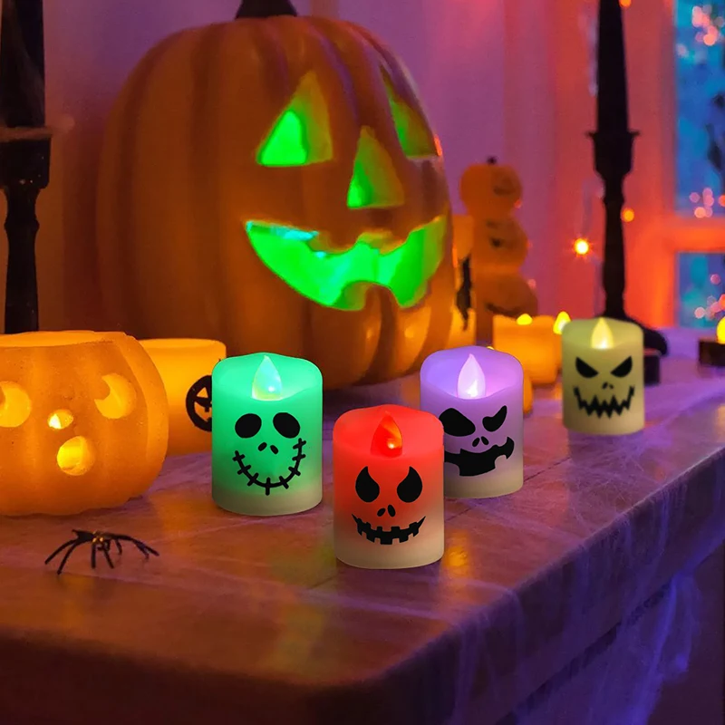 6Pcs/lot Led Halloween Ghost Pumpkin Candle Light Haunted House Horror Props Halloween Party Home Bar Decoration Multicolor Lamp