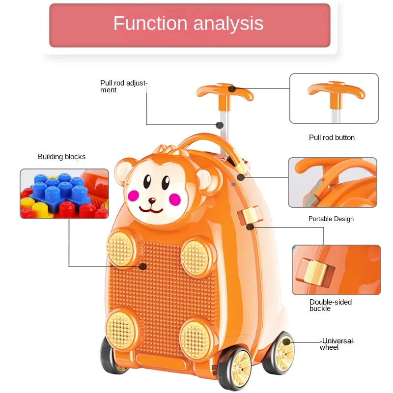 Caja de almacenamiento de bloques de construcción para niños, maleta con barra de tracción, equipaje para niños, juguetes de dibujos animados, caja de carro de viaje para el hogar