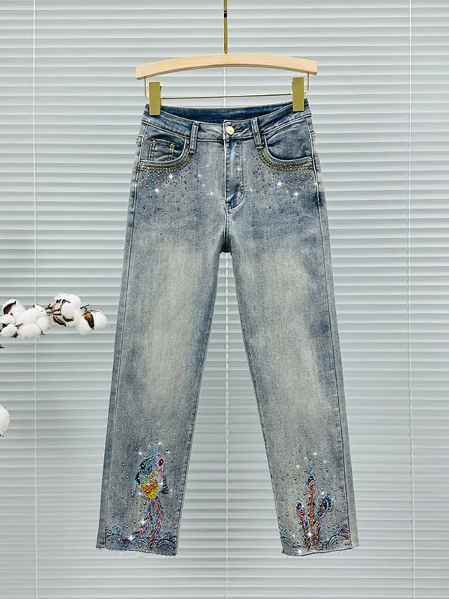 Hot Rhinestone Pencil Jeans For Women Cropped Pants 2024 Summer New Fashion High Waist Embroidery Straight-Leg Denim Pants