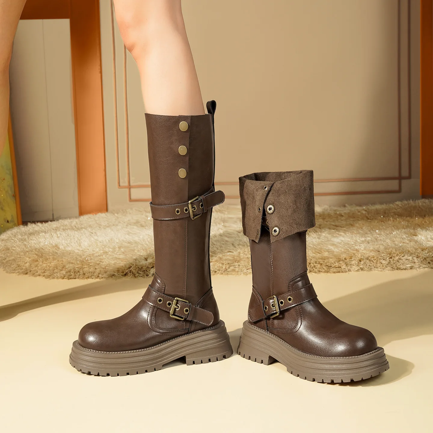 

2025 Spring and Autumn New Tall Boots Single Boots Thin Small Thick Soles Heightening Boots Children But Knee