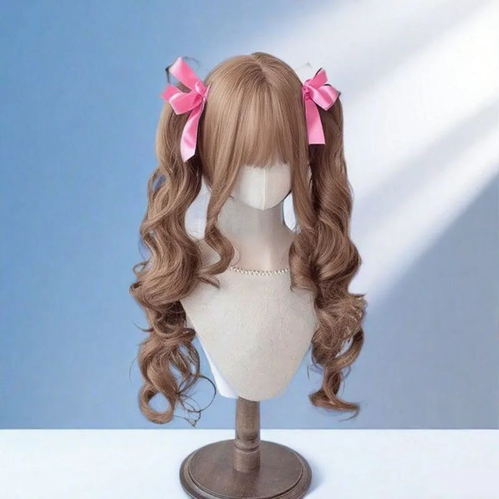 ‌ Parrucca riccia ondulata rosa Lolita - Capelli naturali da 65 cm, doppie code di cavallo con frangia, parrucca cosplay carina, nuovo arrivo 2025