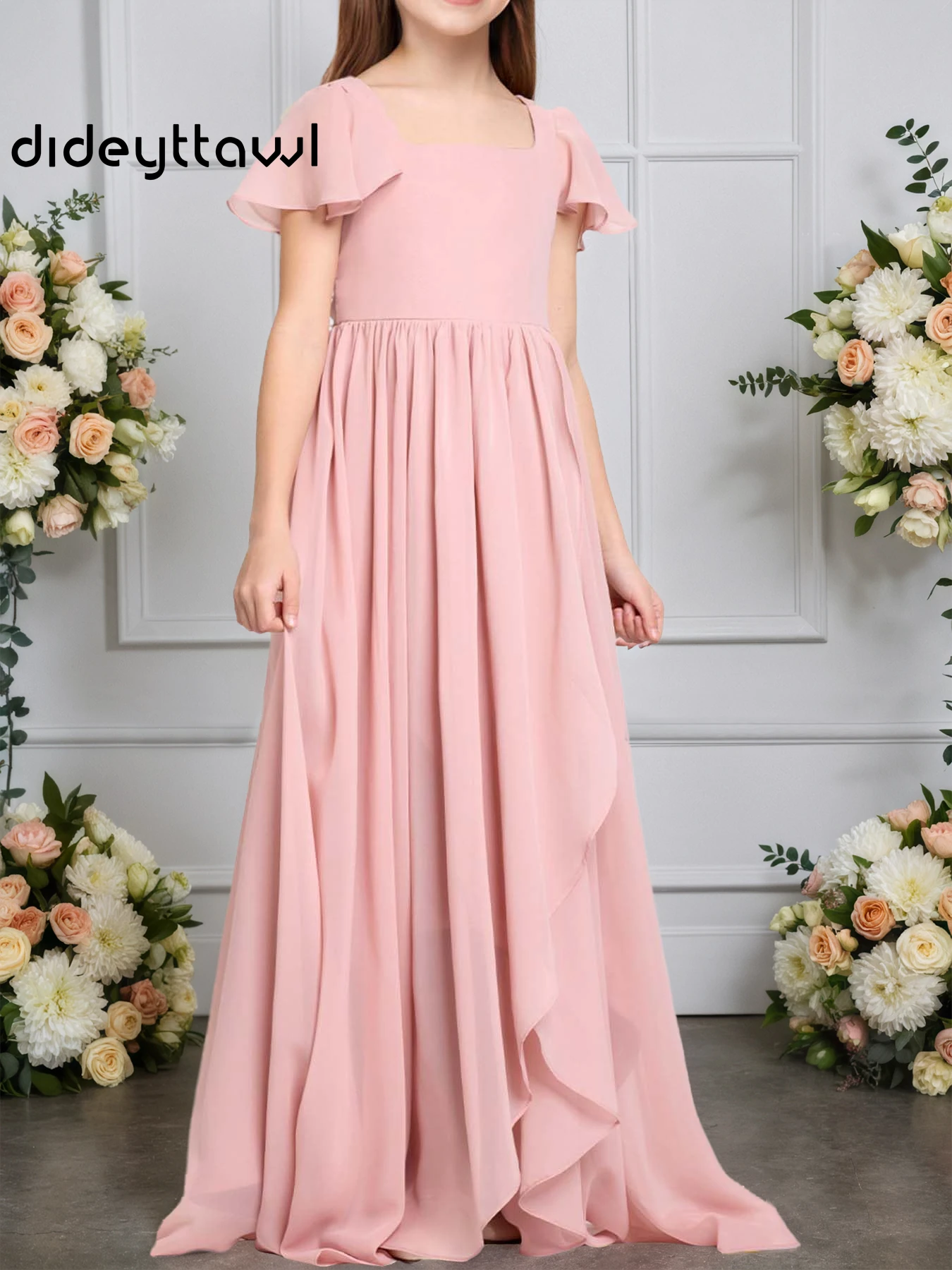 

Dideyttawl Customized Girls Square Neck Ruffle Sleeves High Waist Chiffon Floor Length Dress Back Bow Elegant Flower Girl