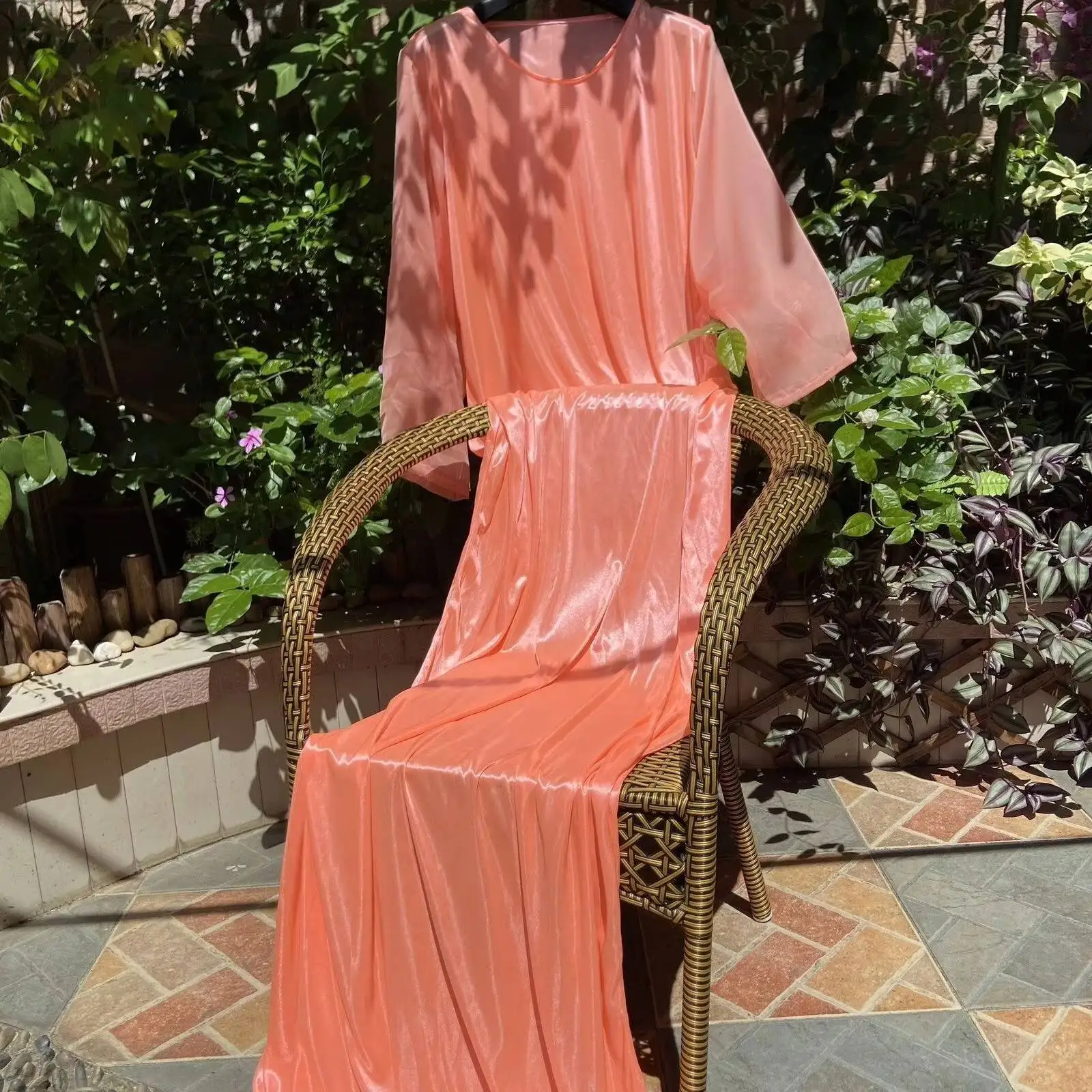 Vestido feminino brilhante com babados de cetim manga comprida vestido maxi solto plus size pijama de dormir robe