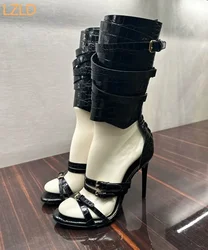 Black Sexy Catwalk Women Sandals 2025 New Open Toe Cross Belt Buckle Stilettos Street Fashion Party Stage Long Sandals