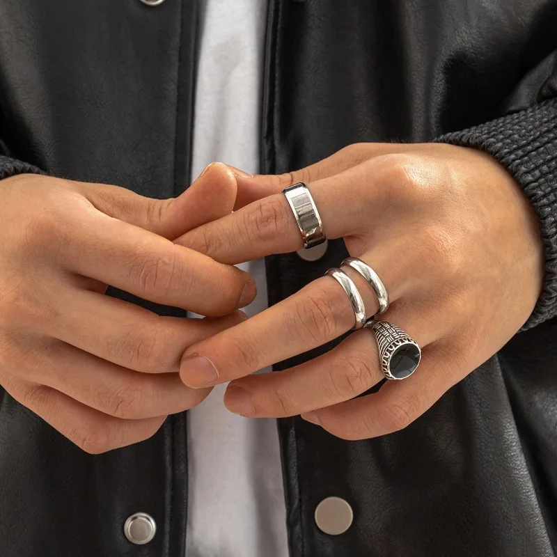 4Pcs Retro Simple Stainless Steel Opening Adjustable Wide Ring Men\'s Gothic Pattern Metal Ring Casual Jewelry