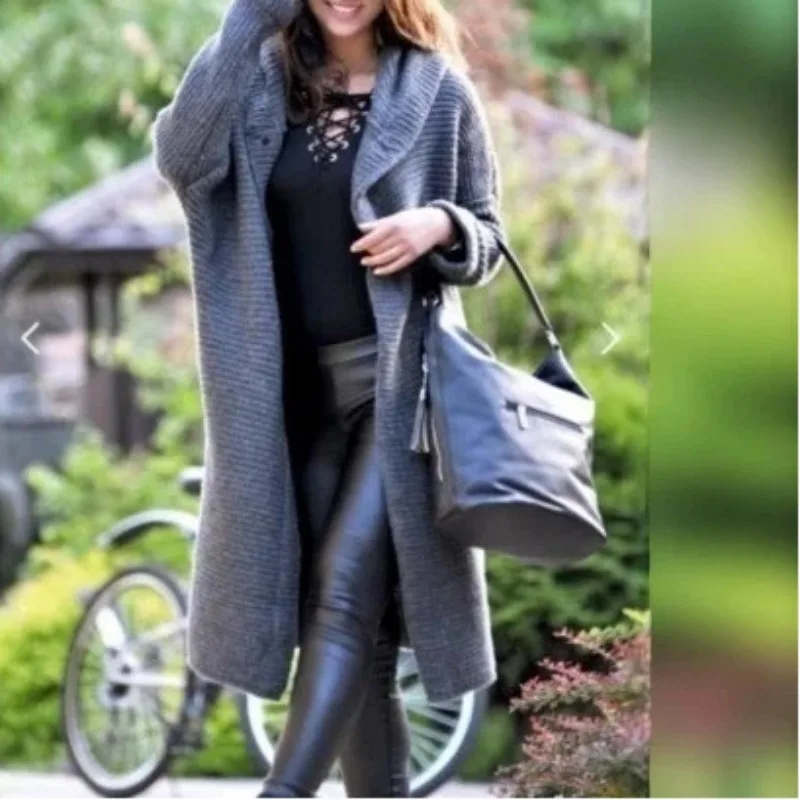 

Европейский и американский стиль, осень-зима, однотонный свободный свитер, кардиган, женский удобный повседневный вязаный свитер средней длины с капюшоном