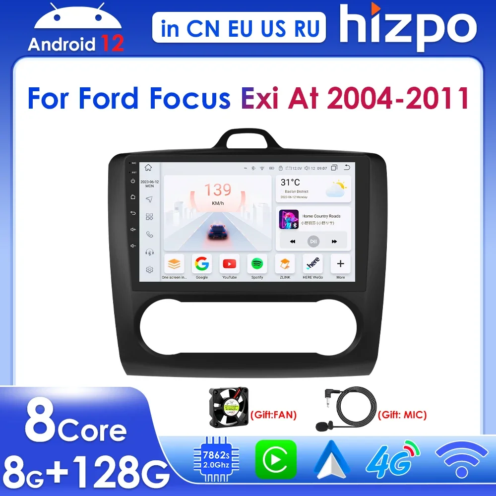 Hizpo 9 Inch Android 13 for Ford Focus Mk2 Carplay 2 Din Car Radio Multimedia Player GPS Audio Stereo SWC BT DSP RDS 4G NO CAN