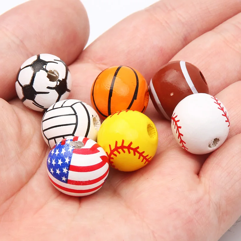 10pcs 16mm Basketball Baseball Spacer Beads Round Ball Wooden Beads For Making Bracelet Necklace DIY Jewelry Supplies