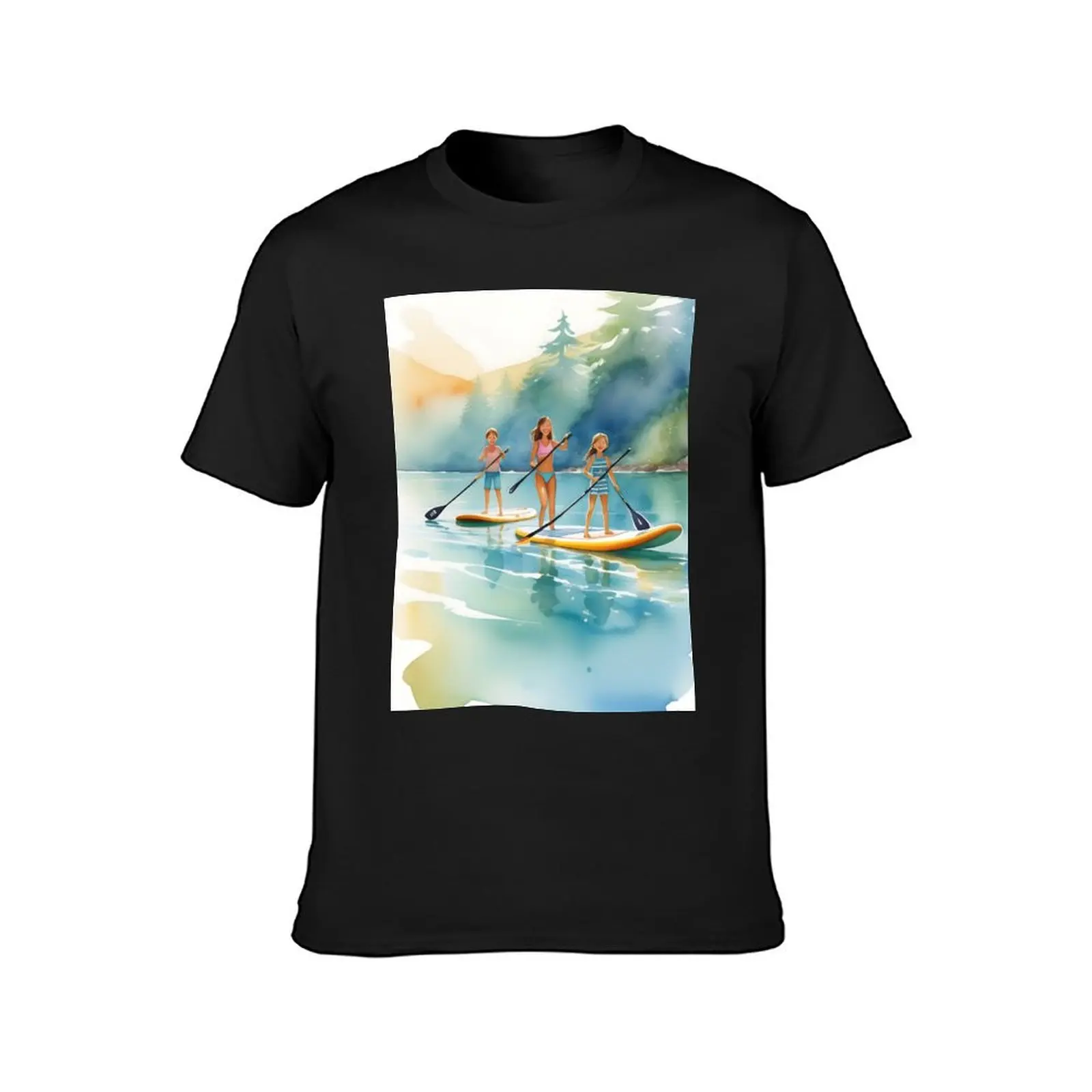 Watercolor of a family practicing paddle boarding together T-Shirt tops quick-drying cute tops mens t shirt graphic