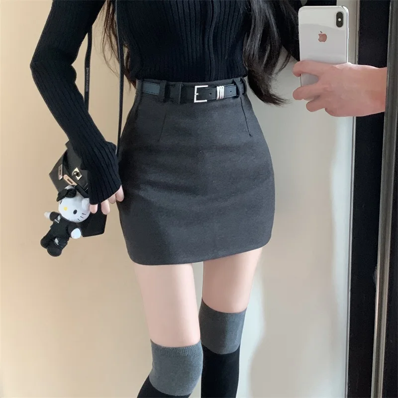 High Waist Belted Woolen  Skirt Slimming Flared A-Line Silhouette Korean Style Commute Casual Women's Fashion Trend