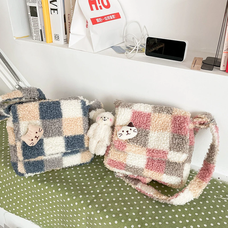 Fashion Women's Plush One Shoulder Small Bag Cute Plaid Bag Casual Crossbody Zipper Wallet Bag Girls Contrast Color Tote Handbag