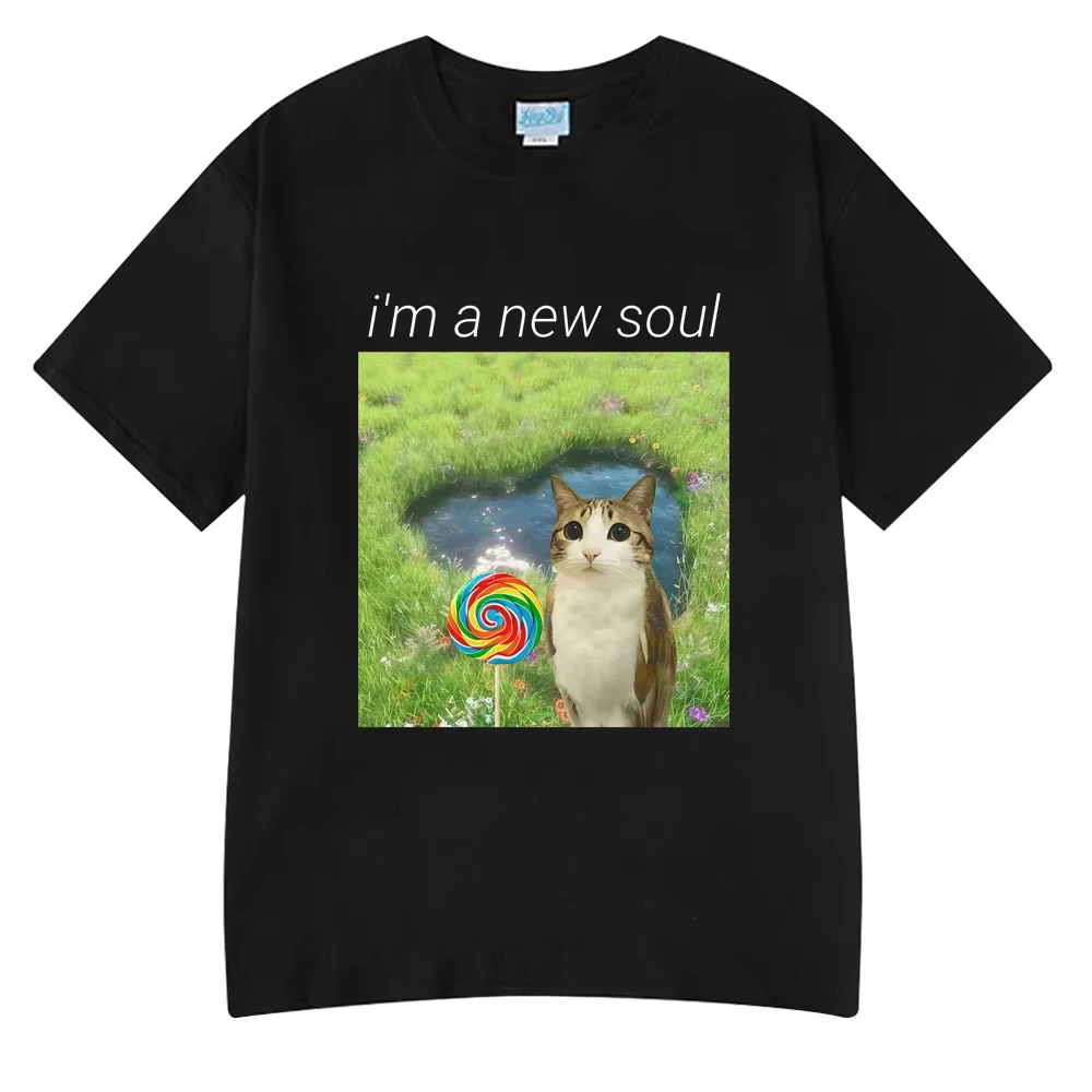 Cat Owl Lollipop Funny Meowl Meme I'm A New Soul T-shirts Men's Clothing Fashion Tee Tops Harajuku Short Sleeves Cotton T Shirts
