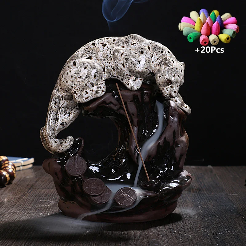 

Handcraft Gift Lukcy Fortune Leopard Home Tea House Decorate Backflow Incense Panda Stick Holder Ceramic Censer