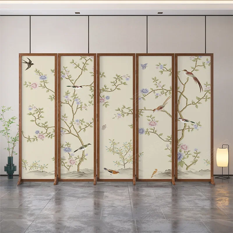 Screen partition living room bedroom office hotel light luxury modern folding mobile solid wood new Chinese folding screen flowe