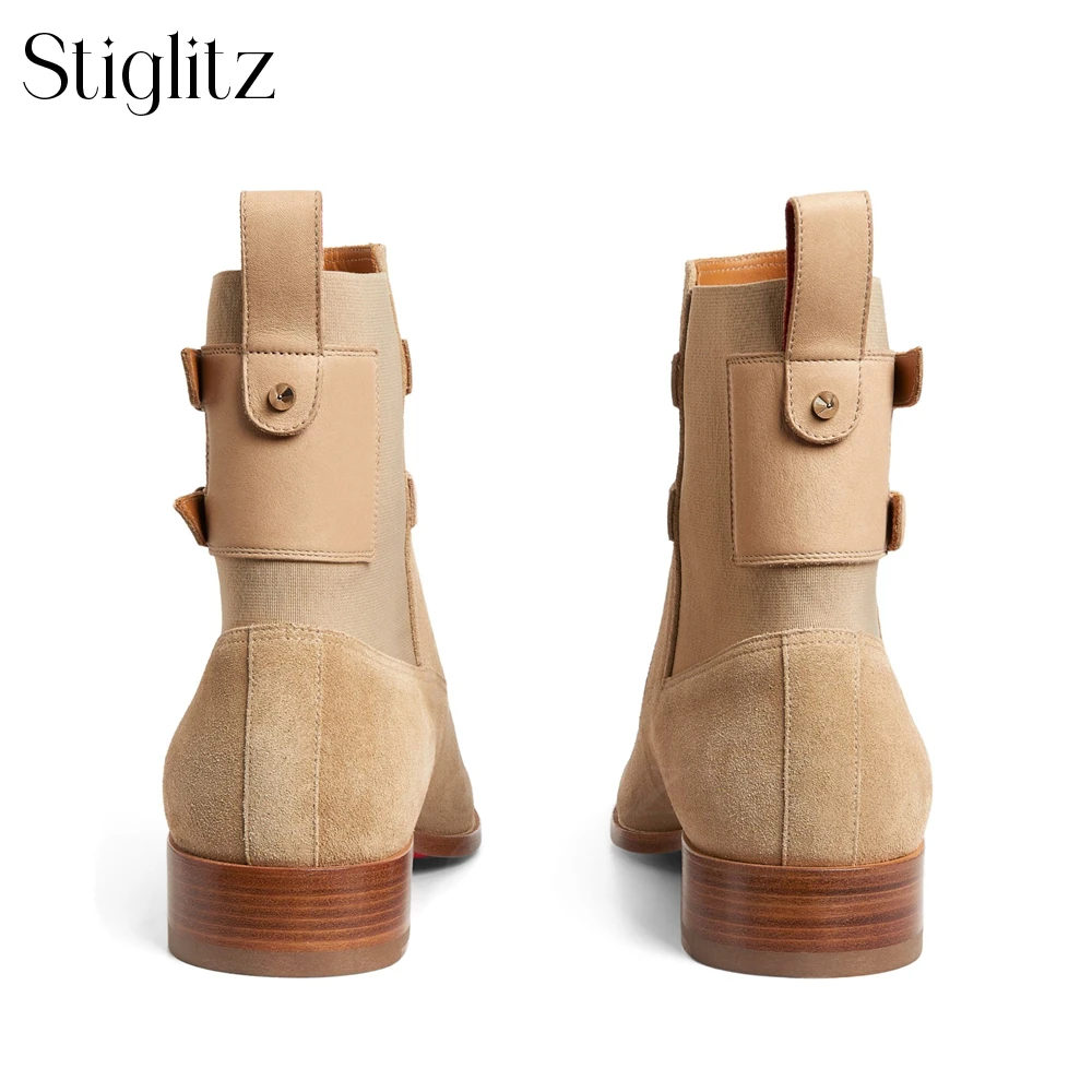 Double Leather Buckle Ankle Boots Designer Style Booties for Men Leather Suede Classic Fashion Boots Almond Toe Handmade Shoes