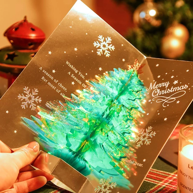 Shining Christmas Tree Greeting Card 3D Pop Up Christmas Card with Envelope Creative Blessing Card for Friend New Year Xmas Gift