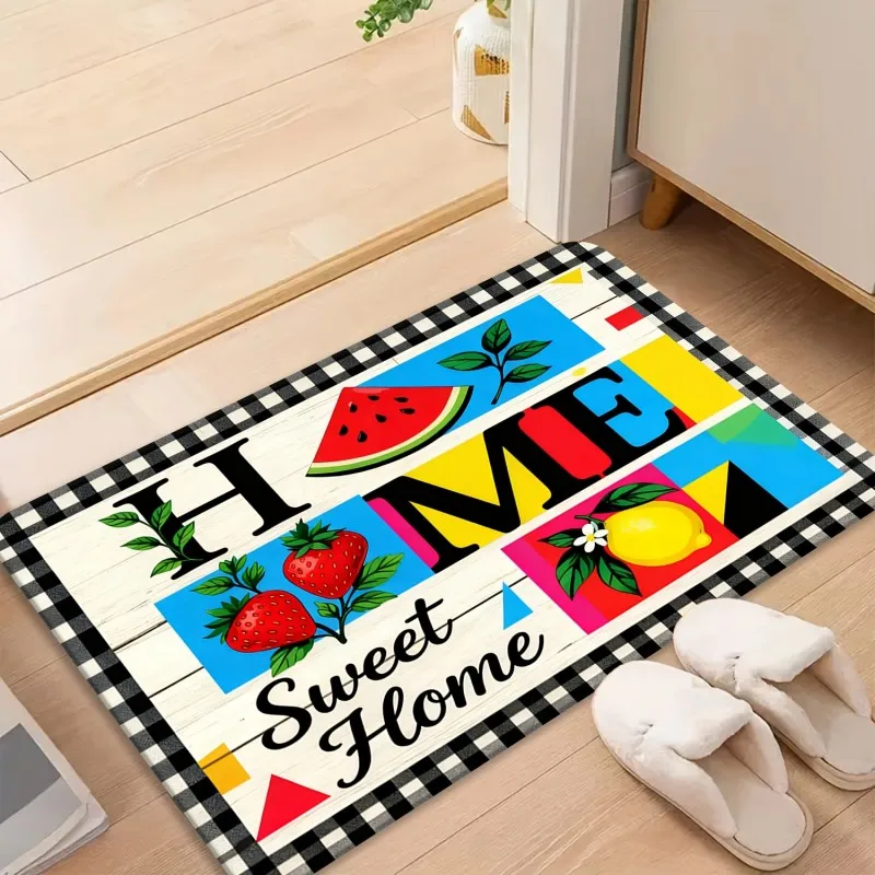 Rustic Fruit Plaid Style Buffalo Check Border Watermelon Strawberry Lemon Home Sweet Home Print Non Slip Entry Doormat