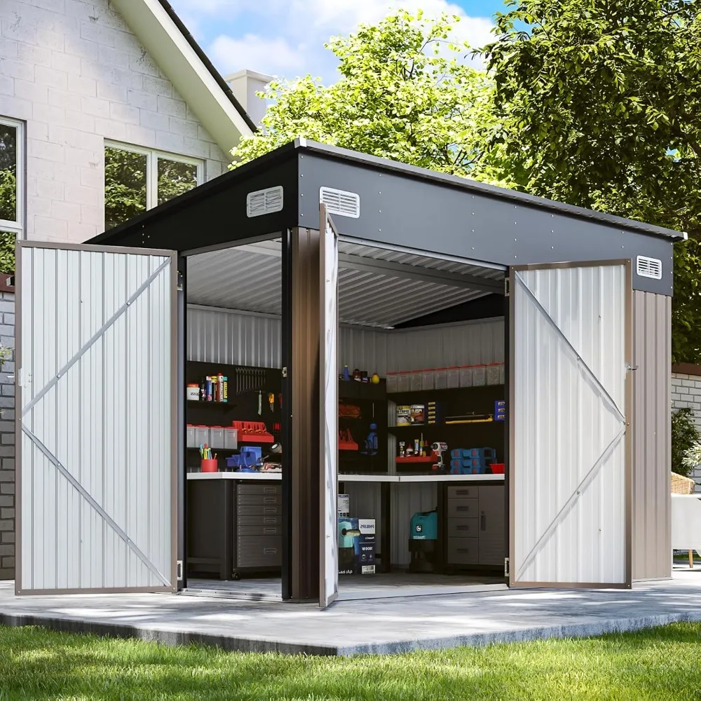 

355 Cubic Feet Premium Galvanized Steel Storage Shed with Three Doors, 9.5x7.4 Feet Outdoor Double Lock Single Lean Shed