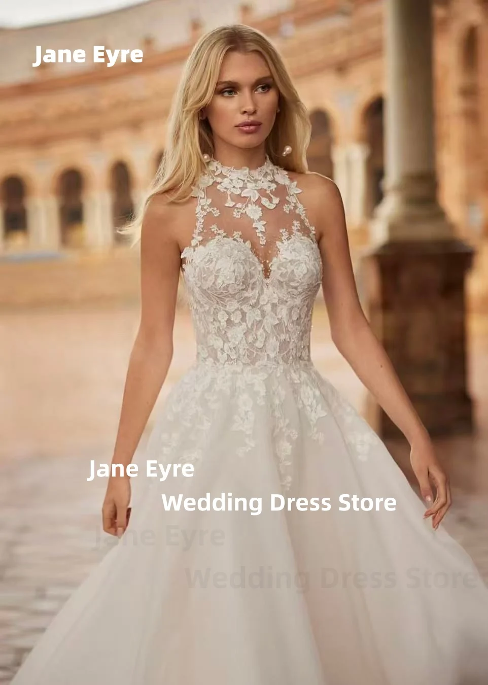 ジェーン・エア ホルター A ライン女性のウェディングドレスカスタマイズされたエレガントなレースプリントチュールノースリーブブライダルガウン装飾ローブ