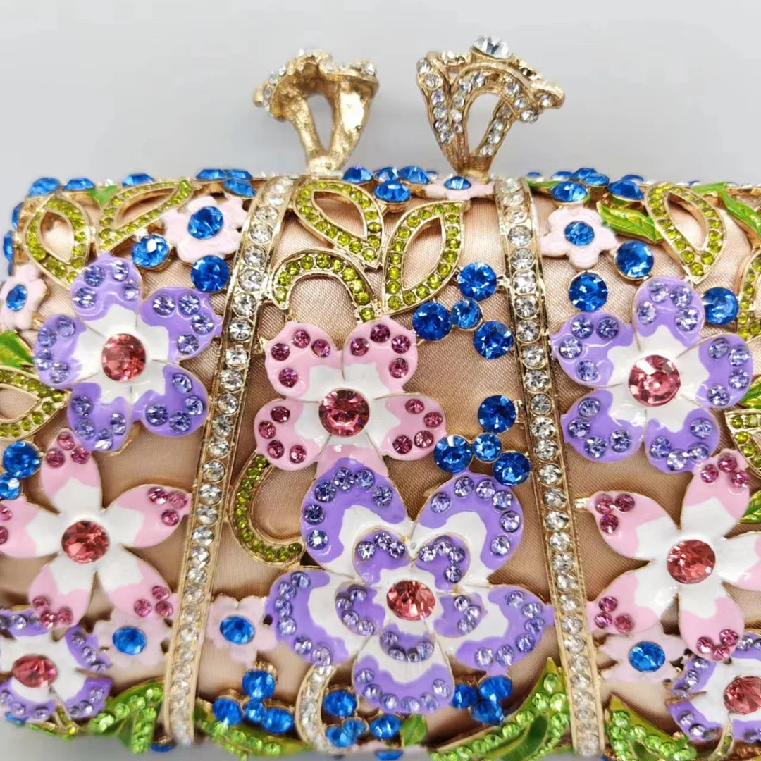 Luxury Crystal Flower Evening Clutch, Enamel Rhinestone Hardcase Purse, Perfect Gift for Women Wedding Party Prom