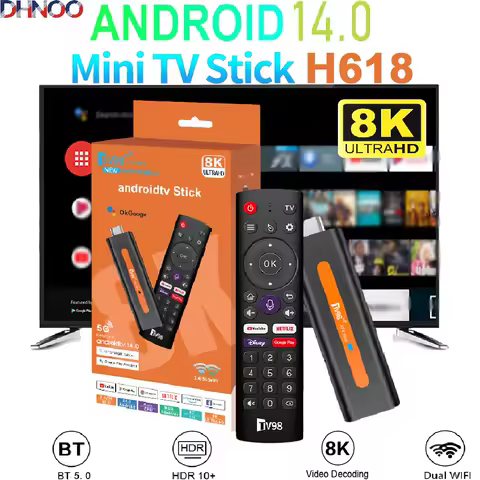 Android TV 2025 Stick 4K Android 14 WiFi 6 Bluetooth5 Remote WiFi 5G Allwinner H618 Quad Core 2GB 16GB 8K Smart Set Top Box