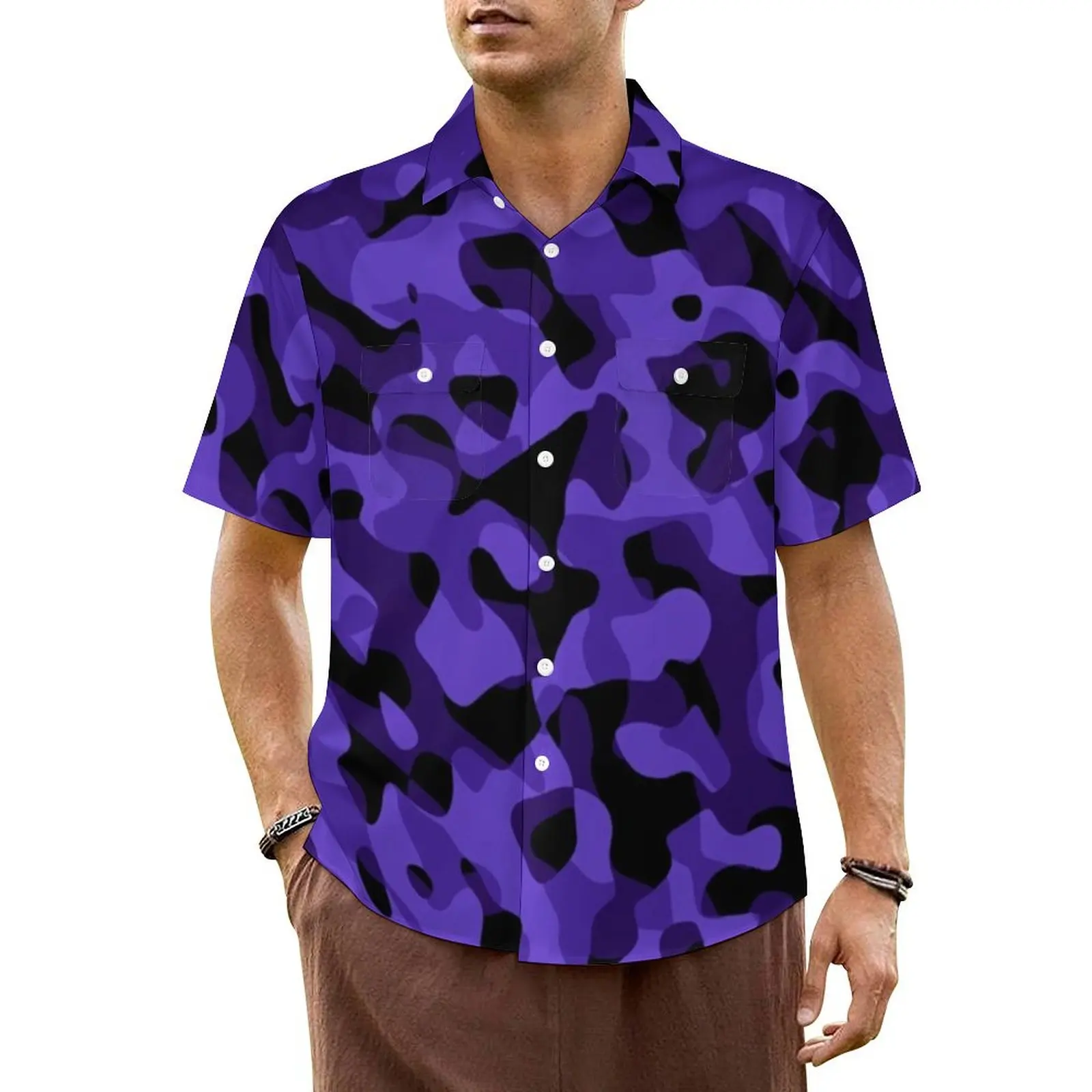 Chemise Hawaïenne à Manches Courtes pour Homme, Chemisier Décontracté à Imprimé Camouflage Foncé, Violet et Noir, Nouveauté, Vacances, Design Amusant