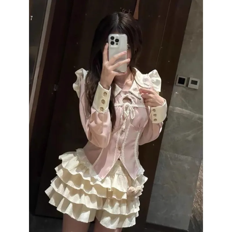 Japanese Preppy Style Design Sense Youthful Women's Two-piece Fashion Slim Pink Long Sleeve Blouse Kawaii Sweet Cake Mini Skirt