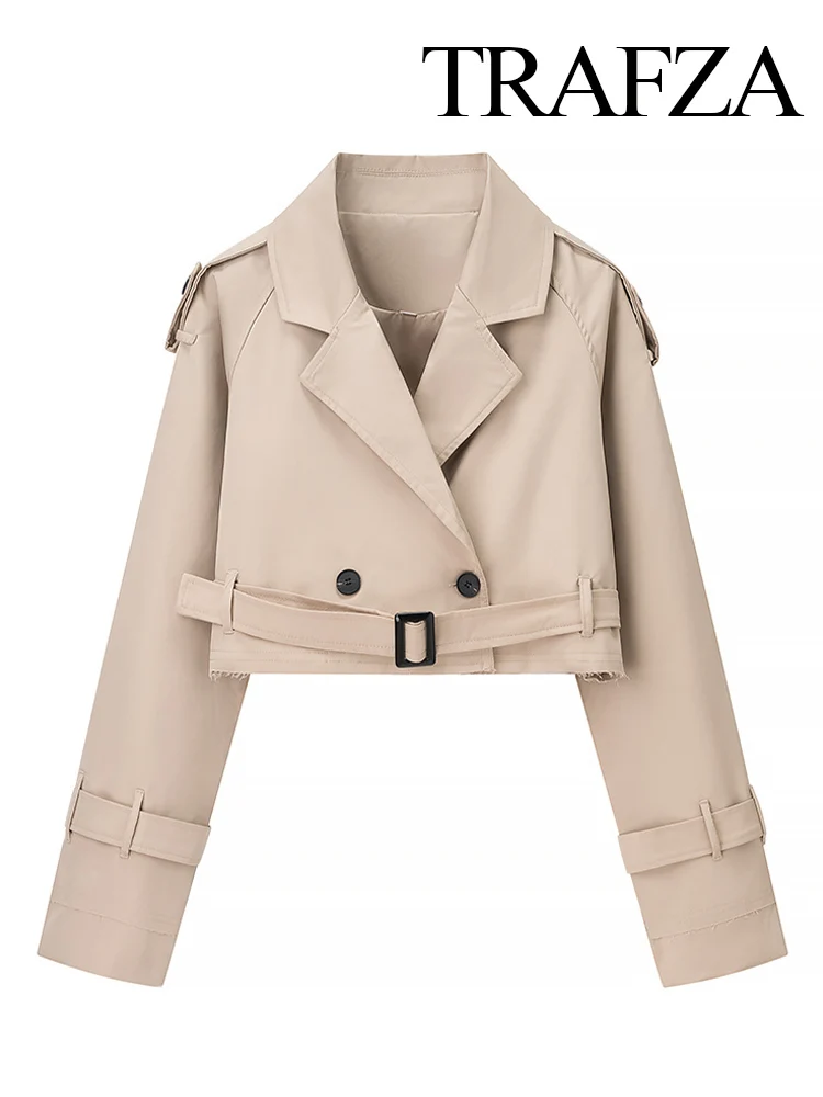 

TRAFZA Women's Autumn New Fashion Vintage Lapel Joker Short Windbreaker Jacket Female Loose Button Belt High Street Casual Coat