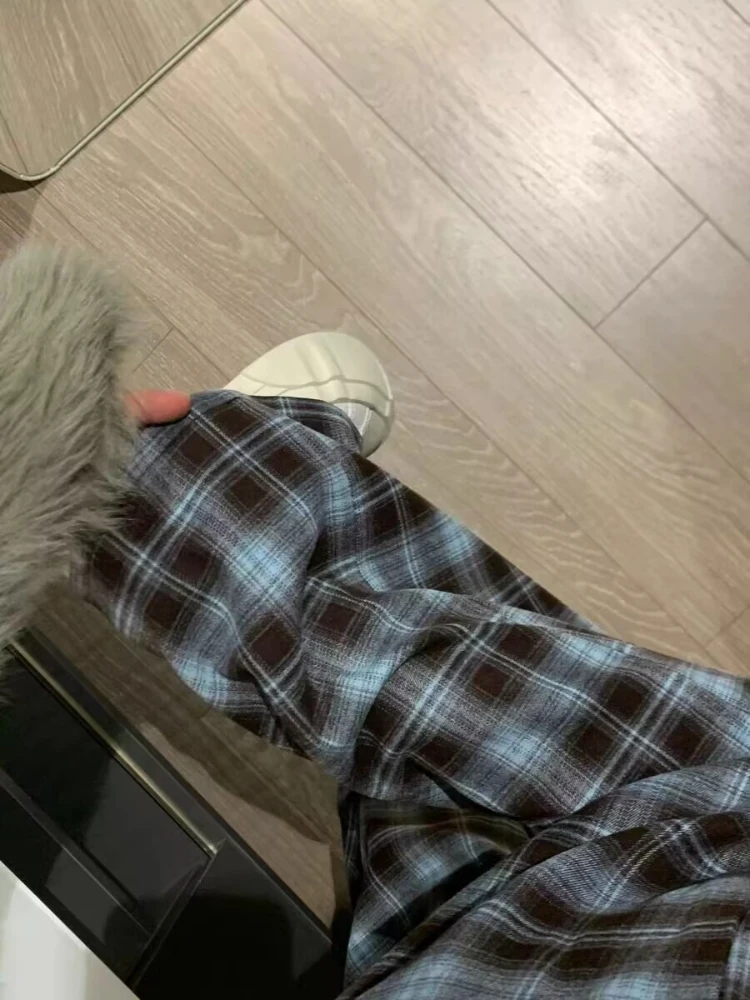Pants Women Retro Spring Loose Full Length Elastic Waist Plaid Leisure All-match Korean Style Wide Leg Trousers Students Trendy