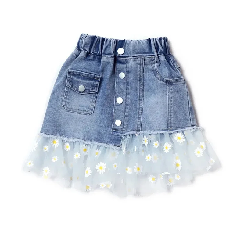 Hot Sale Creative Summer Girls Skirts Blue Patchwork Jeans Outwears Floral Print Mesh Border Kids Clothes