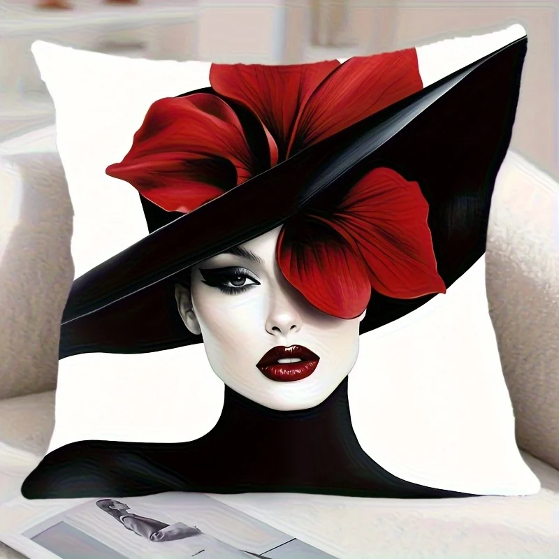 1pc Fashion Lady Red Flower Hat Printed Throw Pillow Cover,Suitable for Sofa,Bedroom,LivingRoom,a Unique Gift for Fashion Lovers