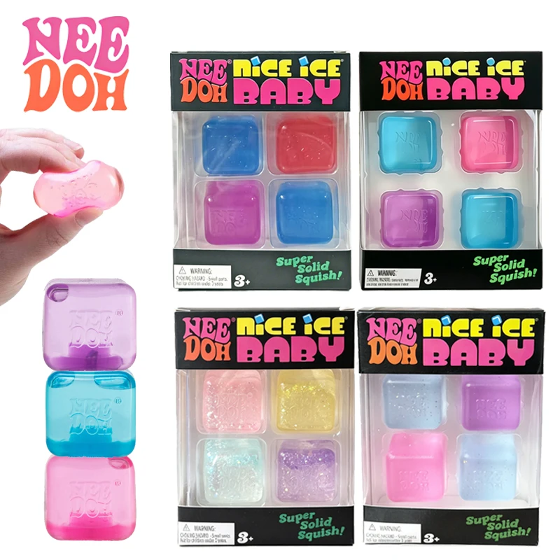 Needoh Nice Ice 4 Pack Transparent TPR Cube Squish Toy Maltose Filled Slow Rising Squeeze Stretch Relaxation Sensory ADHD Toy