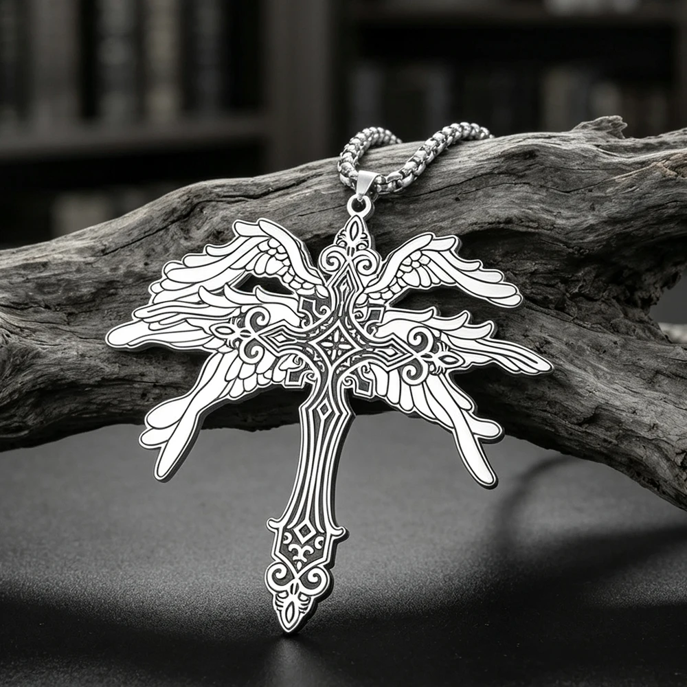 Vintage Seraphim Cross Gothic Wings Pendant Men Necklace Mythical Archangel Protection Amulet Stainless Steel Religious Jewelry