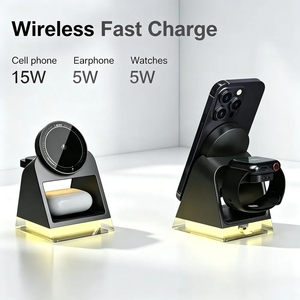 

LED Magnetic 3 in 1 Wireless Charger Stand For iPhone 17 16 15 14 13 12 Pro Apple Watch 11 9 8 SE Airpods Pro 4/3 Fast Charging