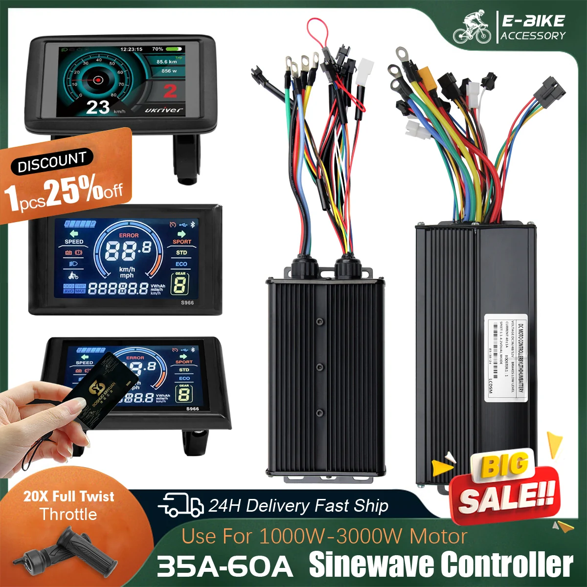 

36V 48V 52V Ebike Sine Wave 35A 40A 45A Three-Mode Brushless Motor Controller With LCD S966 Display PAS Kit For Electric Bike
